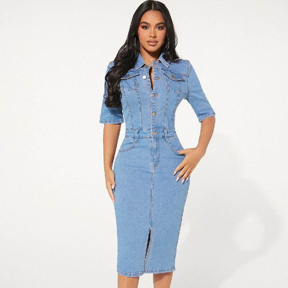 Women's Fashion Personality fitted Denim Hip-wrapped Jeans Midi straight cut front split Dress