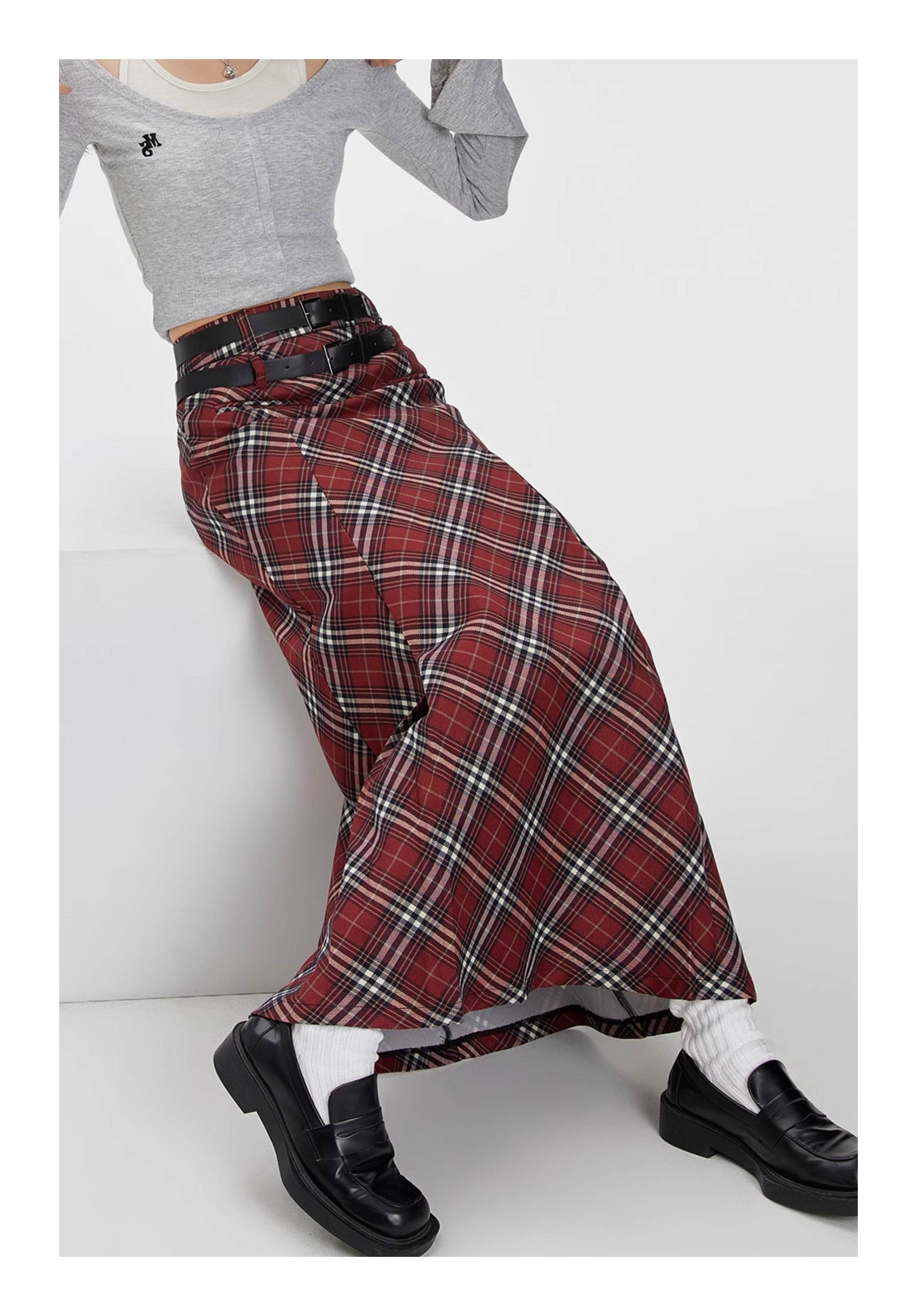 Retro Plaid High Waist student maxi Skirt