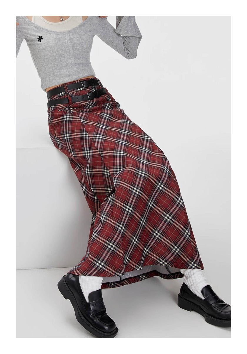 Retro Plaid High Waist student maxi Skirt