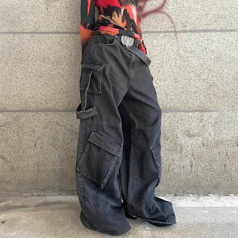 Ribbon Multi-pocket Workwear Baggy Jeans Pant For Women