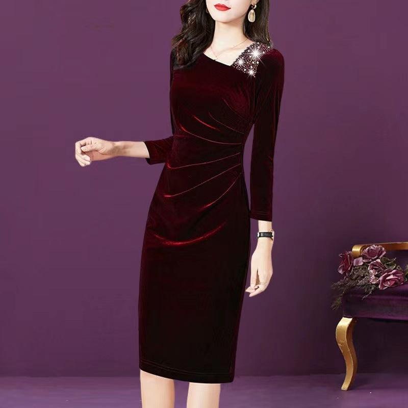 Long-sleeved Velvet Sheath Dress With Fleece Lining And Extra Thickness