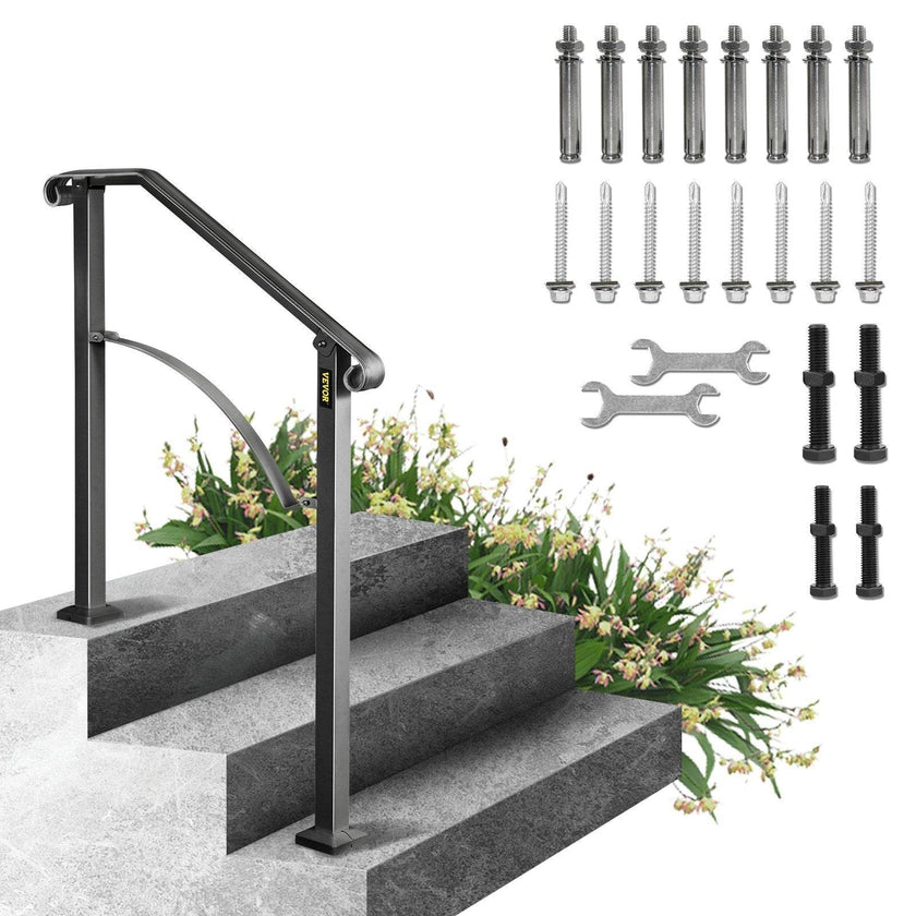 Handrails For Outdoor Steps, Fit 2 Or 3 Steps Outdoor Stair Railing, Arch 2 Wrought Iron Handrail, Flexible Porch Railing, Black Transitional Handrails For Concrete Steps Or Wooden Stairs