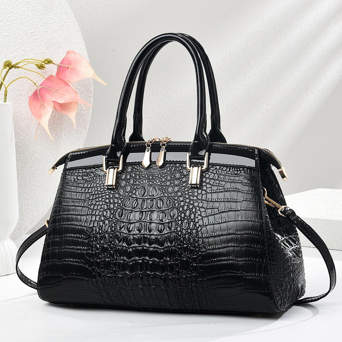 Women's Large-Capacity Patent Leather Commuter Handbag with Crocodile Pattern