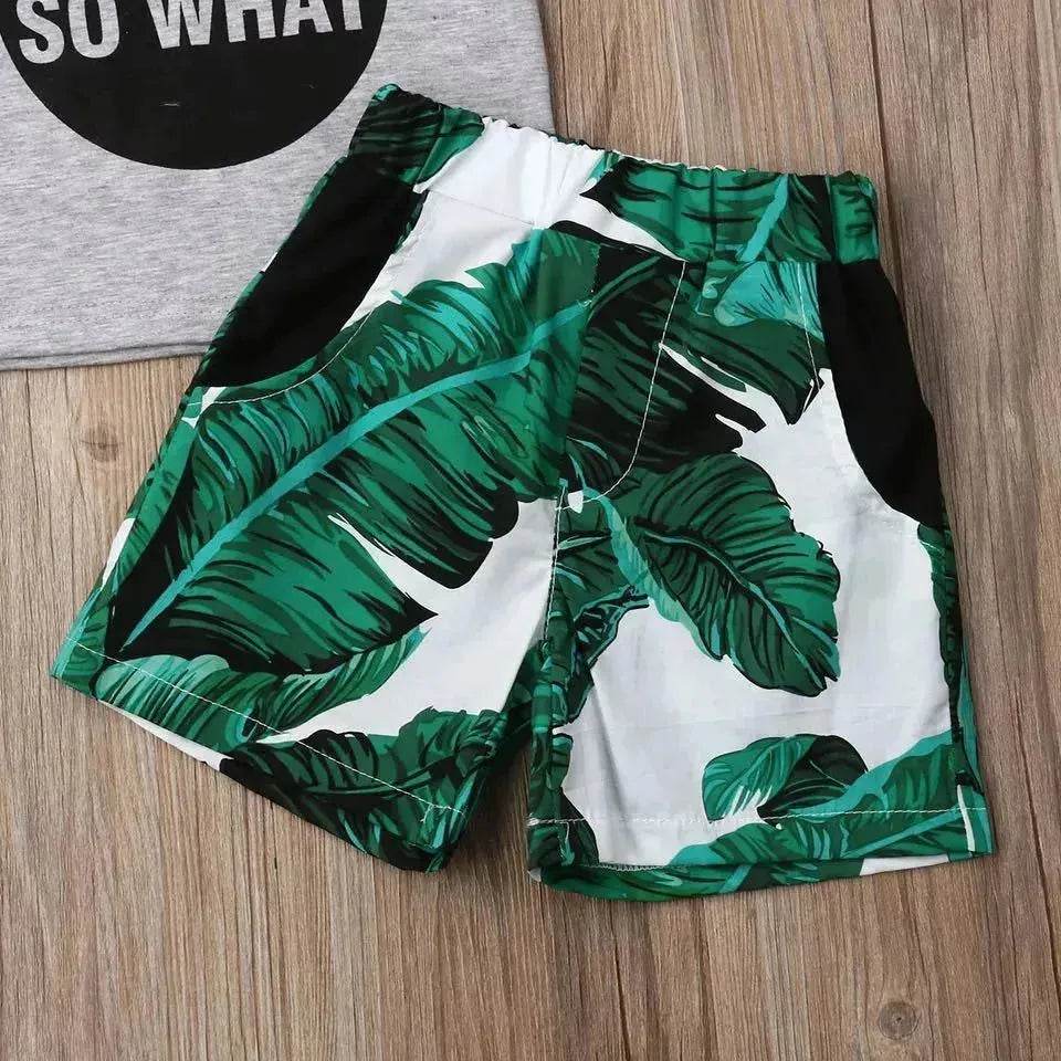 Gray Letters Vest Green Leaf Shorts Suit Casual two piece for boys