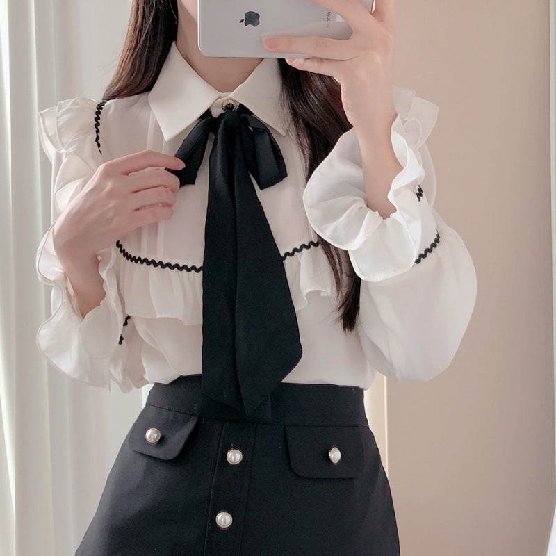 Elegant Bow Ruffled Tied Flared long Sleeves Shirt For Women