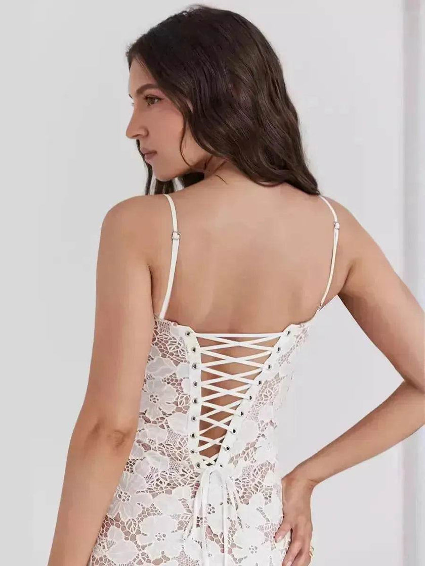 White Lace Wedding Dinner Party Cocktail Bodycon Spaghetti Strap Split Long Dress