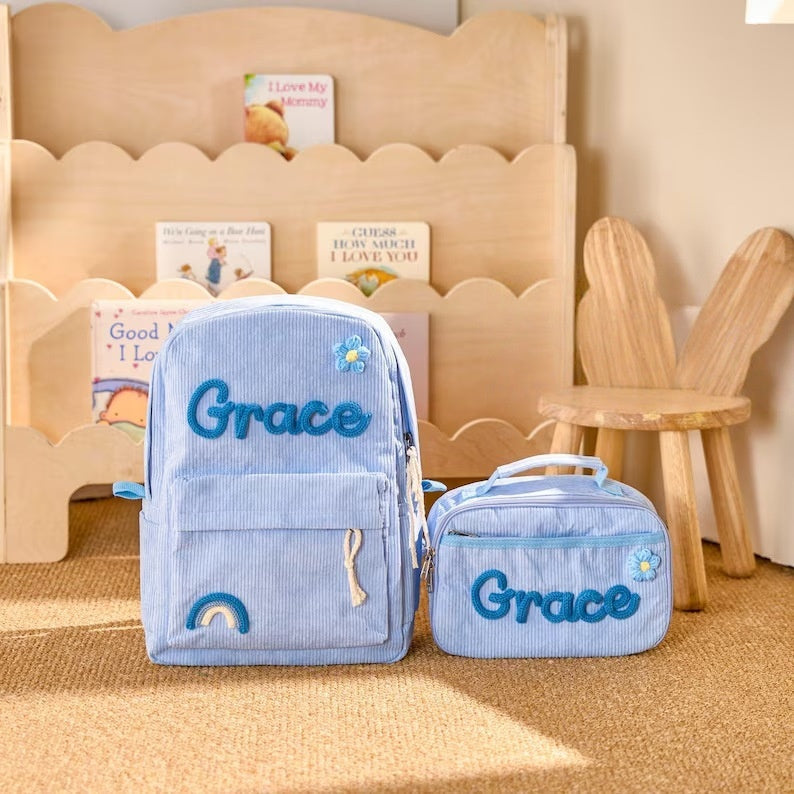 Kids Corduroy Backpack & Lunch Bag Set – Handmade Chunky Yarn, 7 Colour Combos