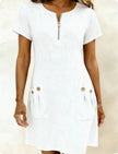 Women's Short-Sleeve Casual Dress with Pockets & Zipper – 12 Colors, S–3XL