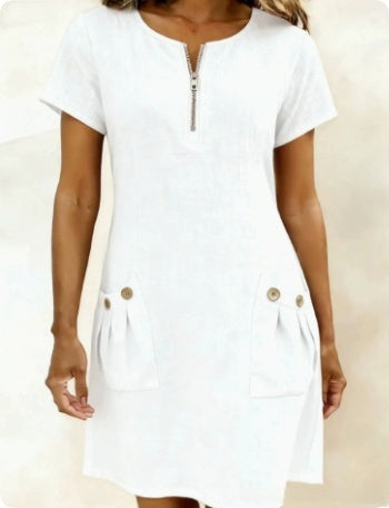 Women's Short-Sleeve Casual Dress with Pockets & Zipper – 12 Colors, S–3XL