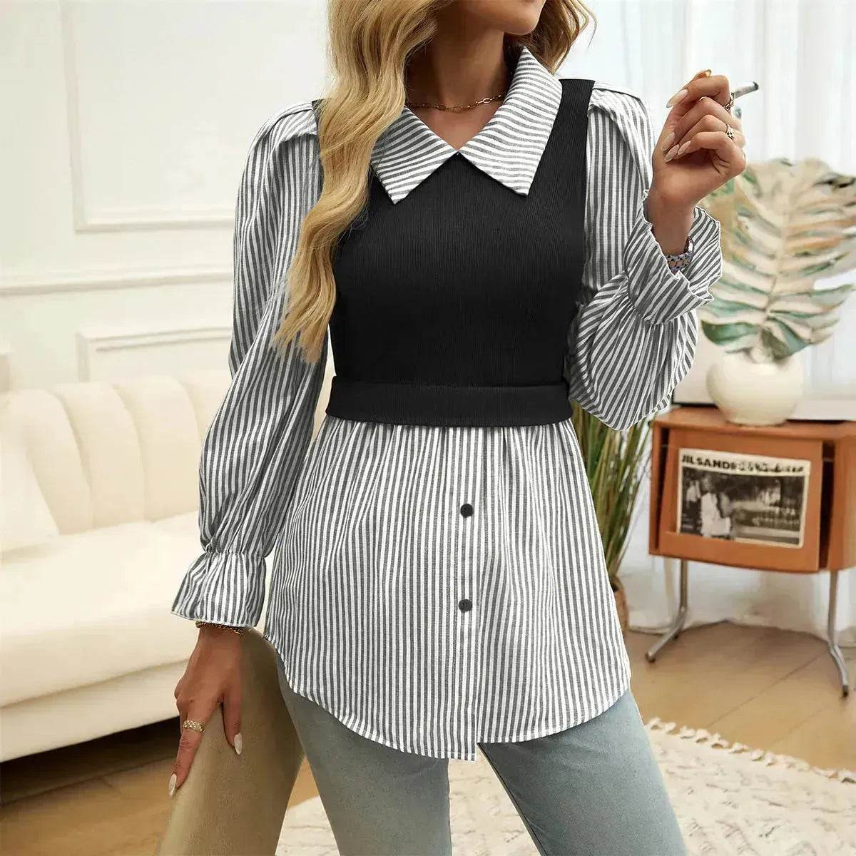 Women's Casual Contrast Color Stitching  Long Sleeve Collar Ladies Evening Top