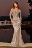off-the-shoulder neckline, sheer bodice & linear beaded motif