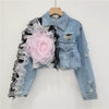 Elegant women fashion embroidered cropped Ripped blue Denim Jacket
