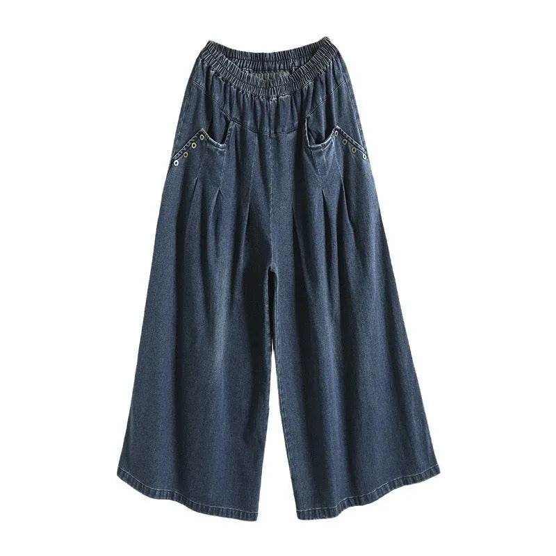 Wide-leg Baggy Jeans Pant Elastic Waist Washed Wear-white Loose Slimming And All-matching Trousers For Women