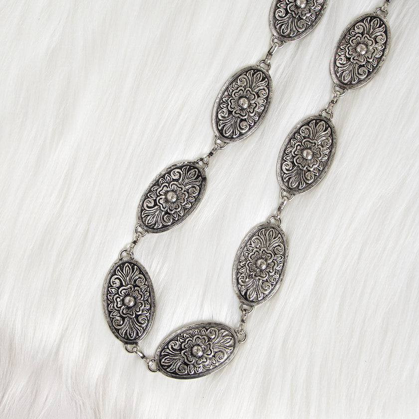 Women's Carved Vintage Metal Waist Chain – Engraved Retro Body Chain Silver Gold