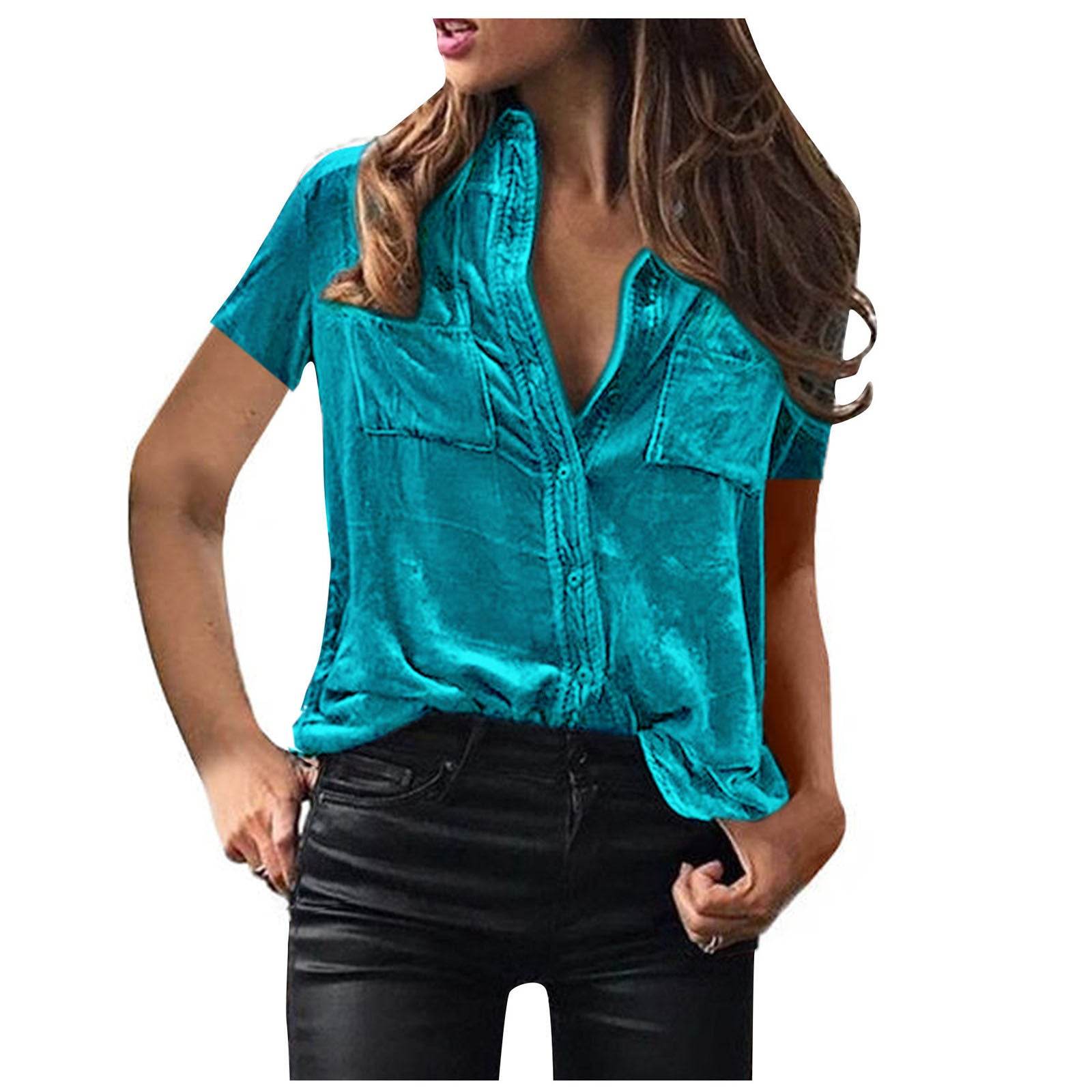 European And American Spring And Summer Pocket Short Sleeve Suede Shirt For Women
