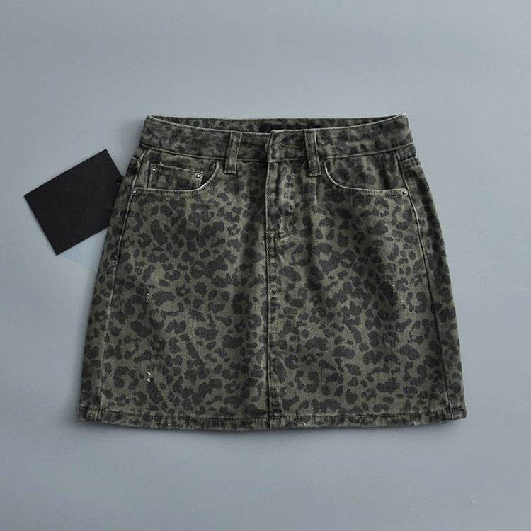 Leopard Print Mini Denim Skirt Women's High Waist Pencil Skirt