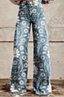 Women's Graphic Print Wide Leg Distressed Denim Pants – Plus Size Straight Leg Casual Jeans