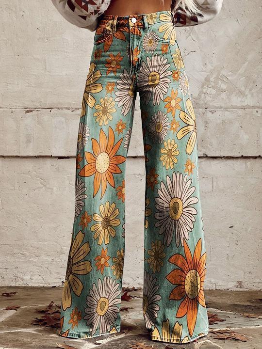 Graphic Printed Pants for Women – Stretch Denim Look Casual Trousers