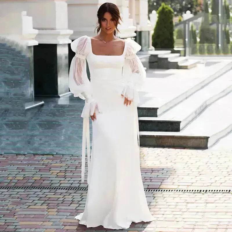 Women's Ruffled Long Sleeve Banquet Temperament High Waist Mop White Wedding  Party Fish Tail Styled  Dress Mermaid Dress