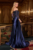 Off the shoulder neckline, three-quarter sleeves & closed back