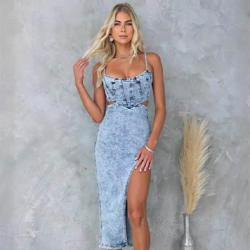Women's Fashion Personalized Sleeveless Sling Denim Split Midi fitted Dress