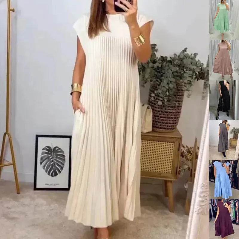 Women Summer Pleated Maxi Dress Casual Short Sleeve Crewneck Flowy Swing Long Dress with Pockets