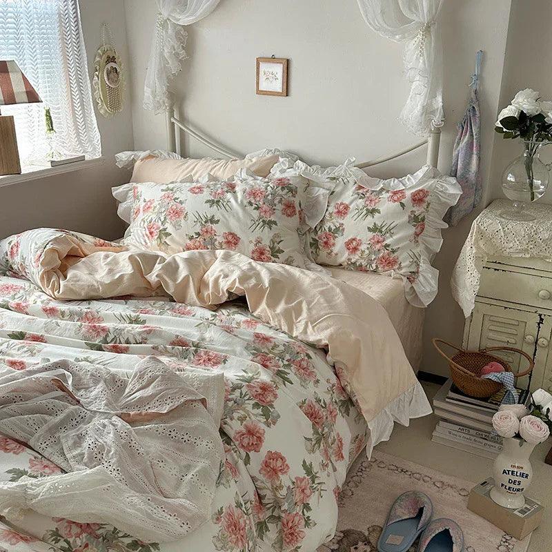 Princess Style Ruffled Pure Cotton Floral Duvet Cover Bedding Set