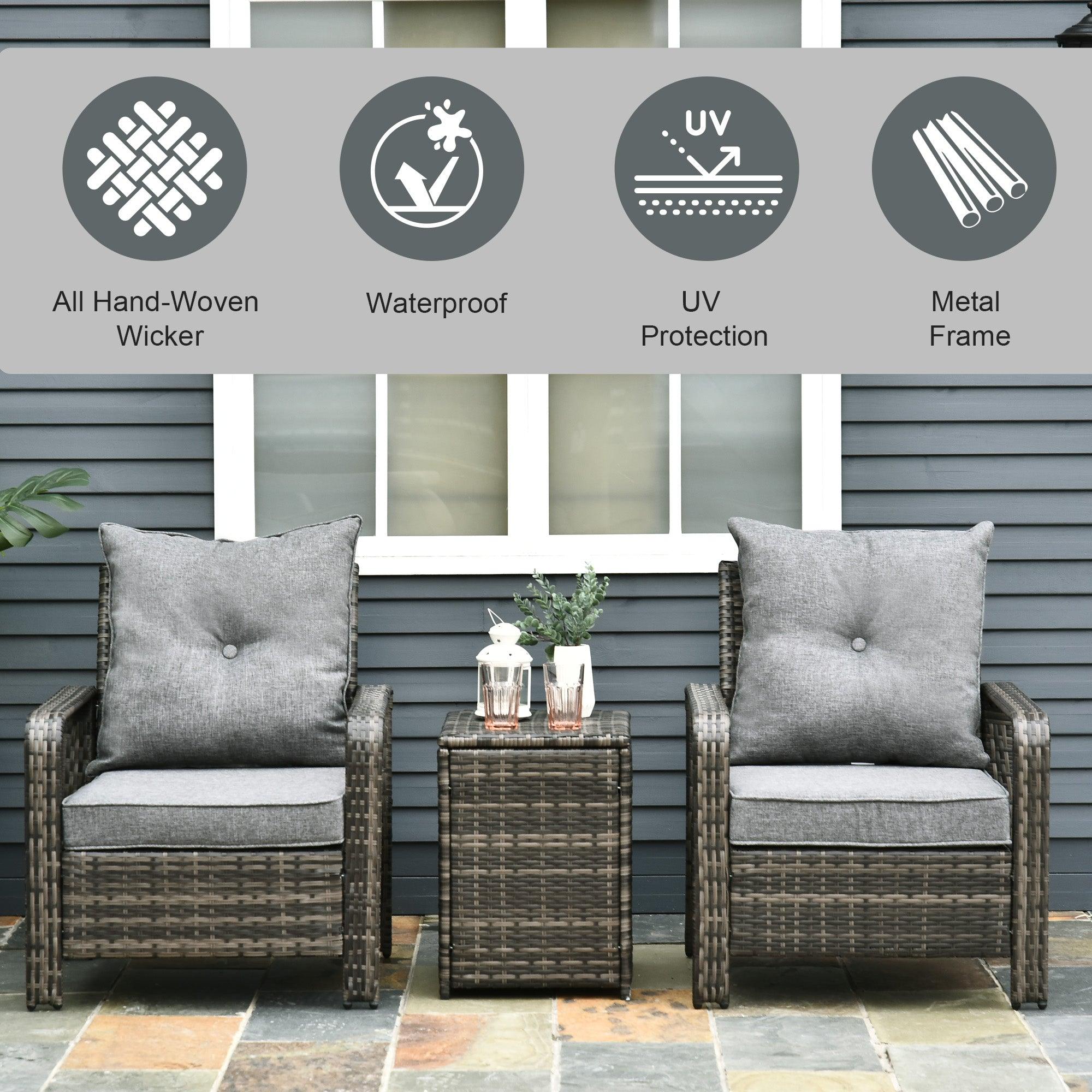 3 Piece Patio Furniture, PE Wicker Storage Table & Chairs, Gray