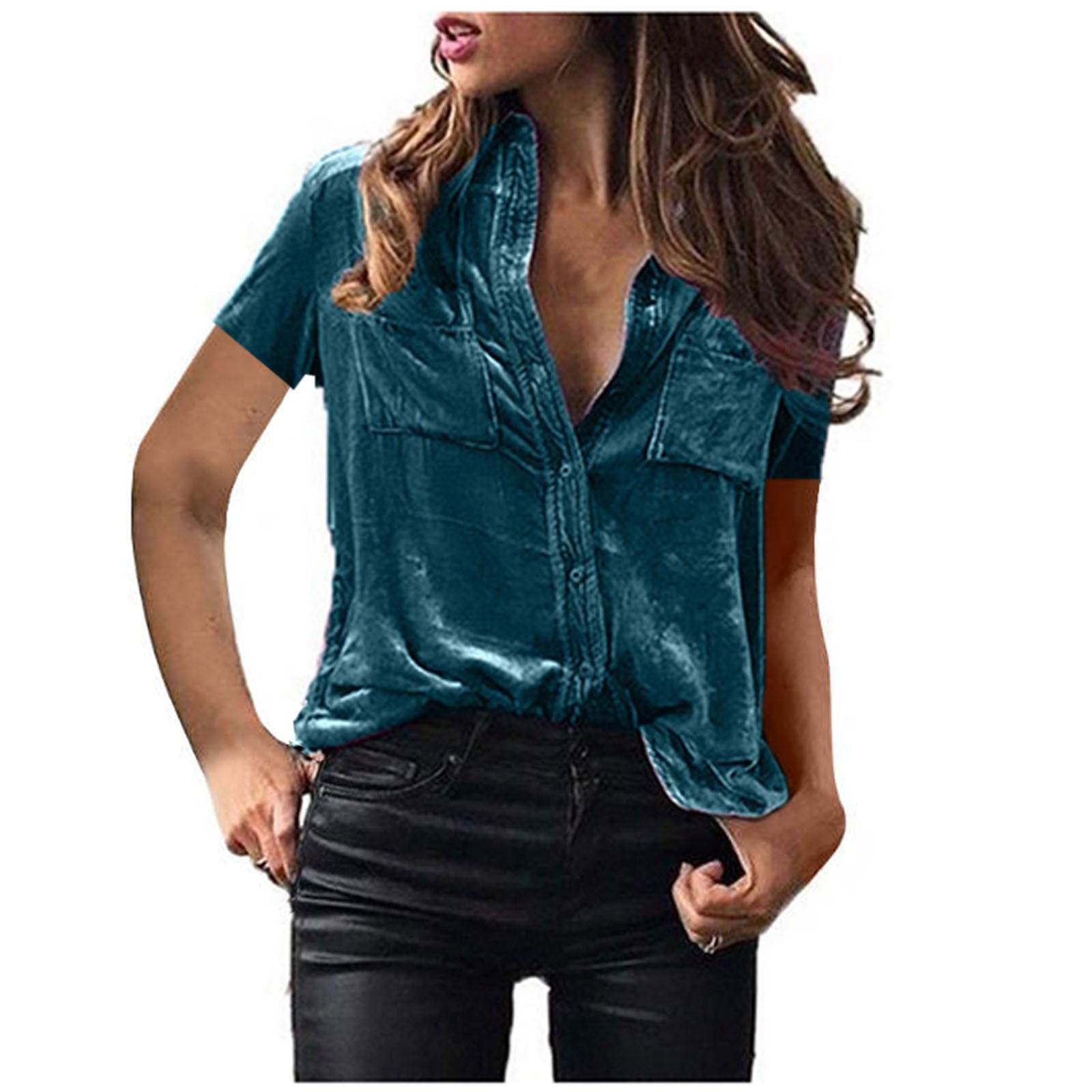 European And American Spring And Summer Pocket Short Sleeve Suede Shirt For Women
