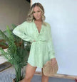 Elegant Women's Long Sleeve  Button down Shirt Dress  Fashionable Short Outfit Set Two piece Suit  Set