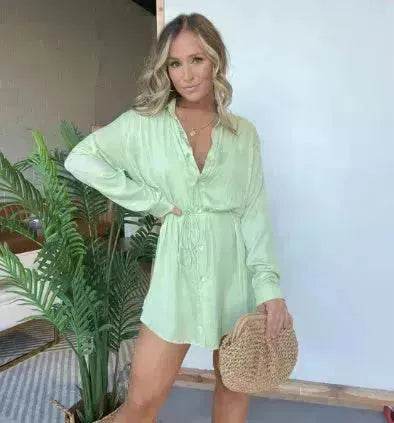 Elegant Women's Long Sleeve  Button down Shirt Dress  Fashionable Short Outfit Set Two piece Suit  Set