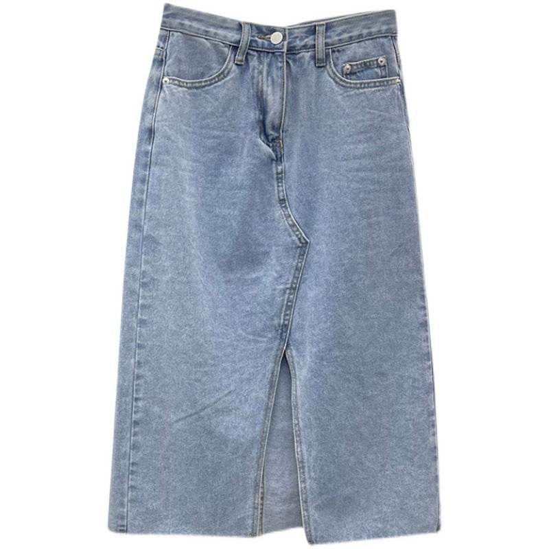 Casual Front Slit Dark Blue and Light Blue Denim Midi Skirt for women