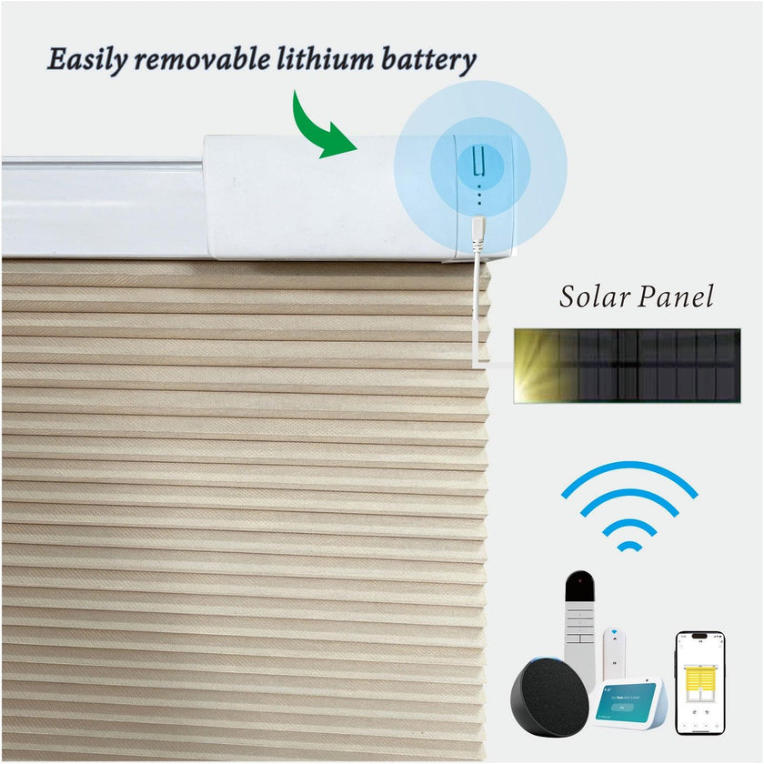 Equipped With A 15 Channel Remote Control And Solar Charging Panel, Electric Fully Blackout Honeycomb Curtain, Intelligent Silent Remote Control Curtain Detachable Lithium Battery