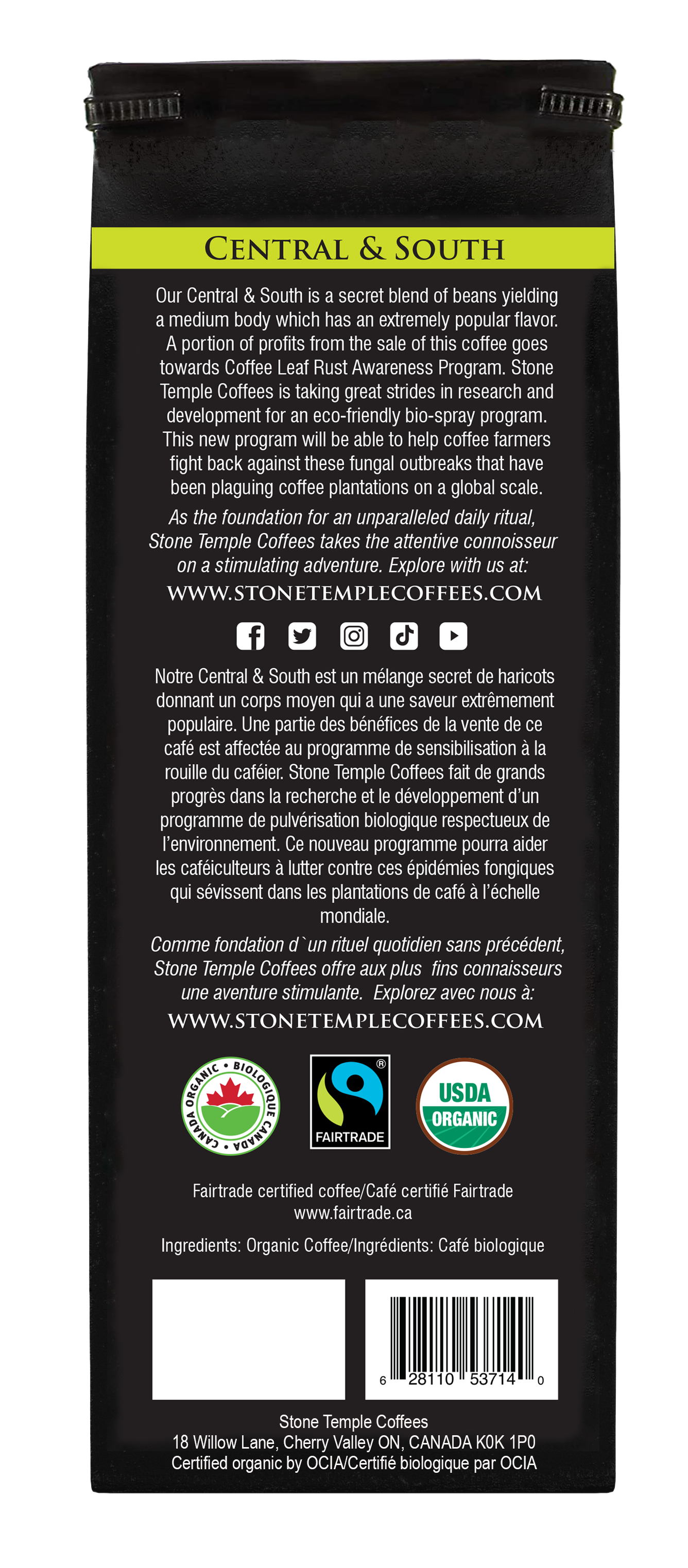 Central & South - Whole Bean, Medium Roast, Certified Organic OCIA/ Fairtrade Coffee 1lb/454g