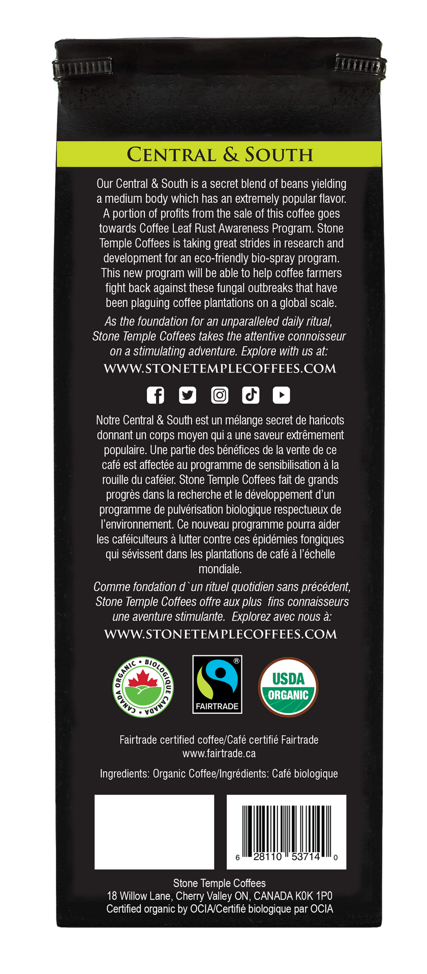 Central & South - Ground, Medium Roast, Certified Organic OCIA/ Fairtrade Coffee 1lb/454g