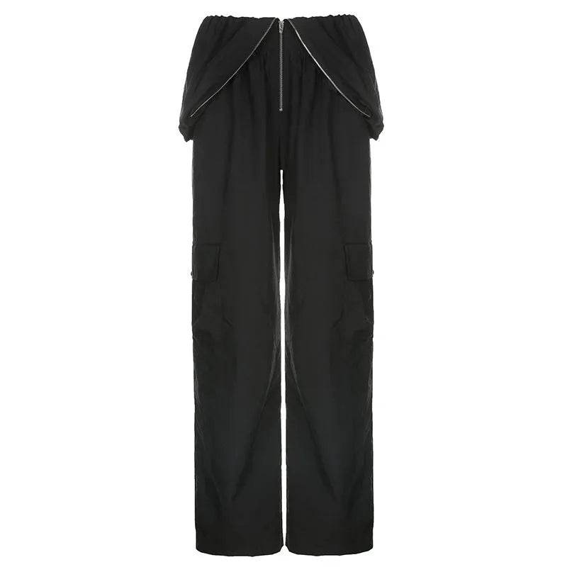 Solid Color High-waisted Zipper V Loose Straight Pocket Street fashion Cargo Pants Women