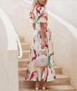 Summer Print Dresses V-neck Button Short Sleeve Midi Dress