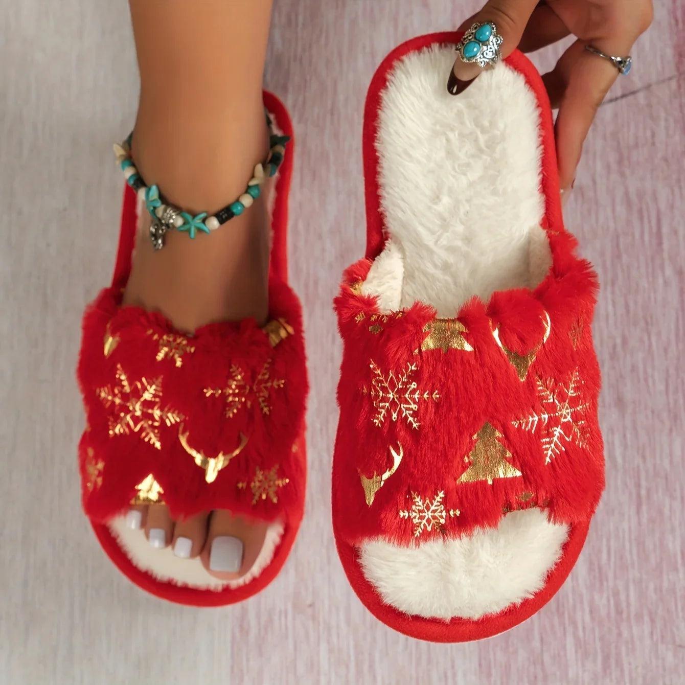 Christmas Plush Open Toe Furr Slippers for Women