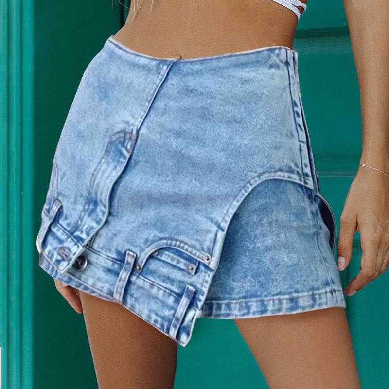 Short Irregular Solid Color Women's Denim High Street Mini Skirt Skort