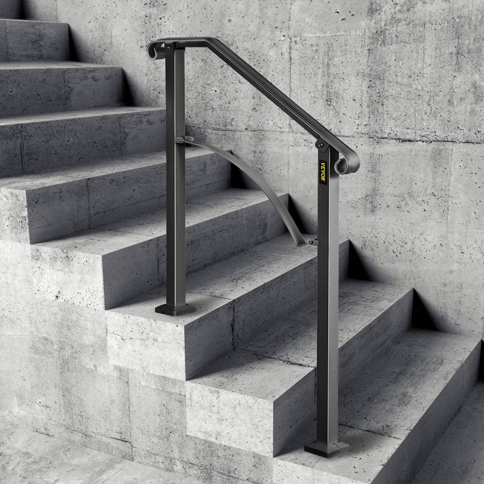 Handrails For Outdoor Steps, Fit 2 Or 3 Steps Outdoor Stair Railing, Arch 2 Wrought Iron Handrail, Flexible Porch Railing, Black Transitional Handrails For Concrete Steps Or Wooden Stairs