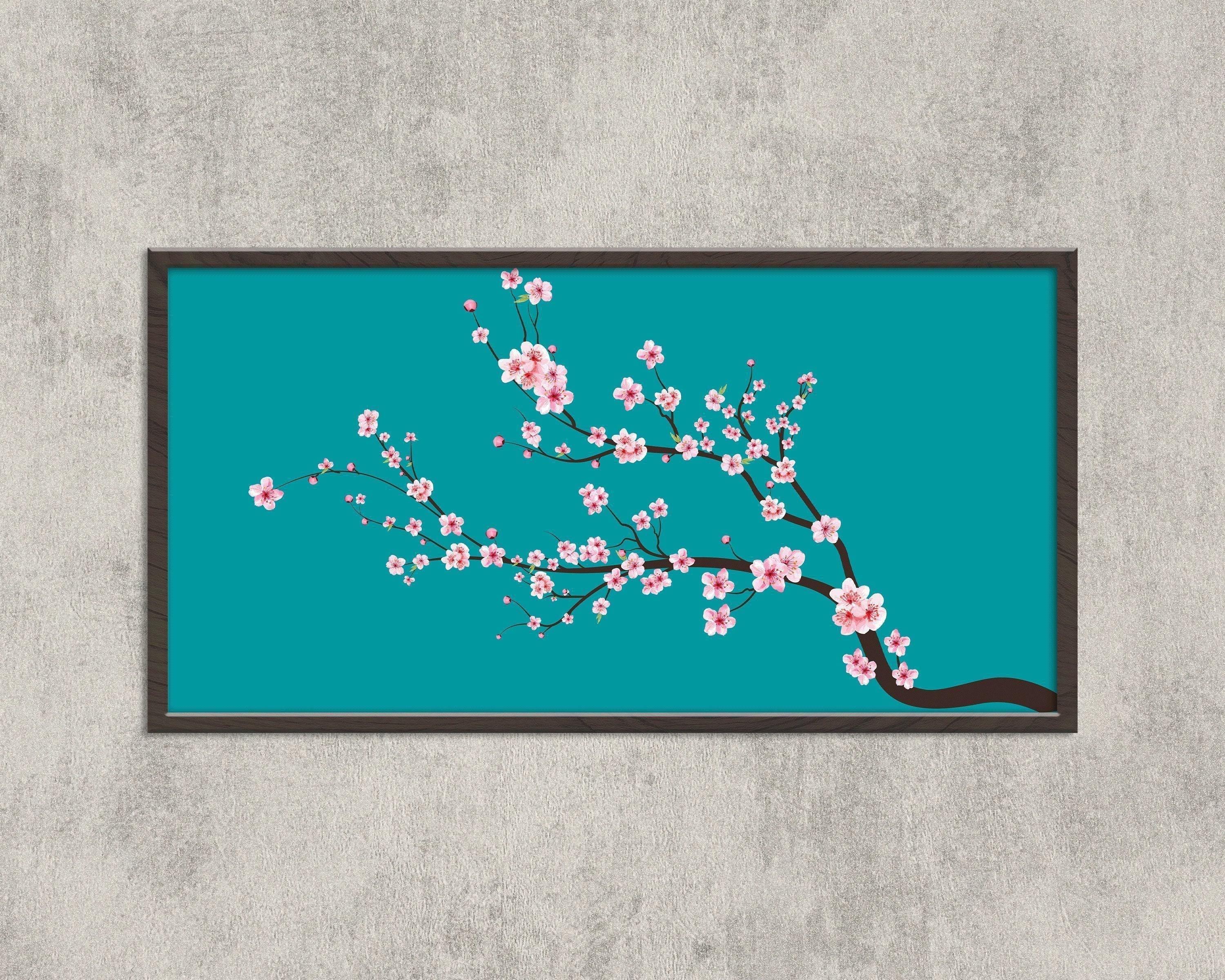 Cherry Blossom Panoramic Art Print: Aquamarine Teal Blue Sakura (2x1)