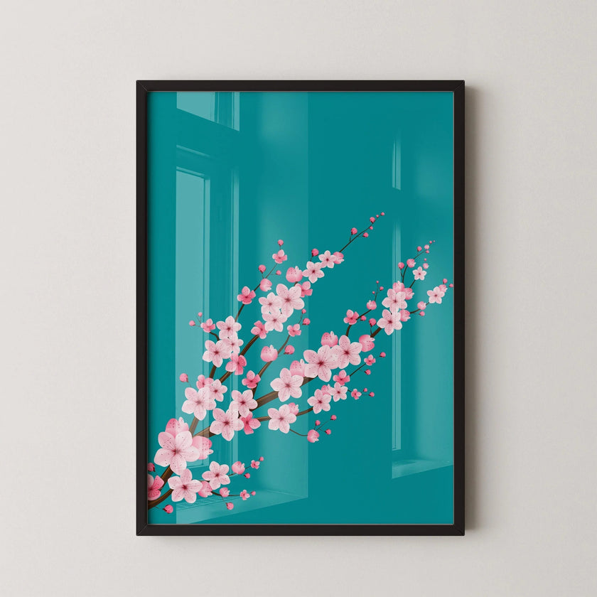Cherry Blossoms with Teal Aquamarine Background (available handframed ready to hang or unframed)