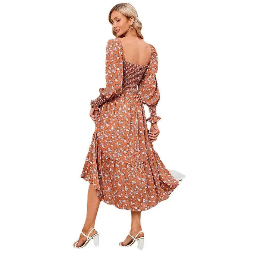 Chiffon European And American Square Collar Horn Printing Comfortable Floral Skirt