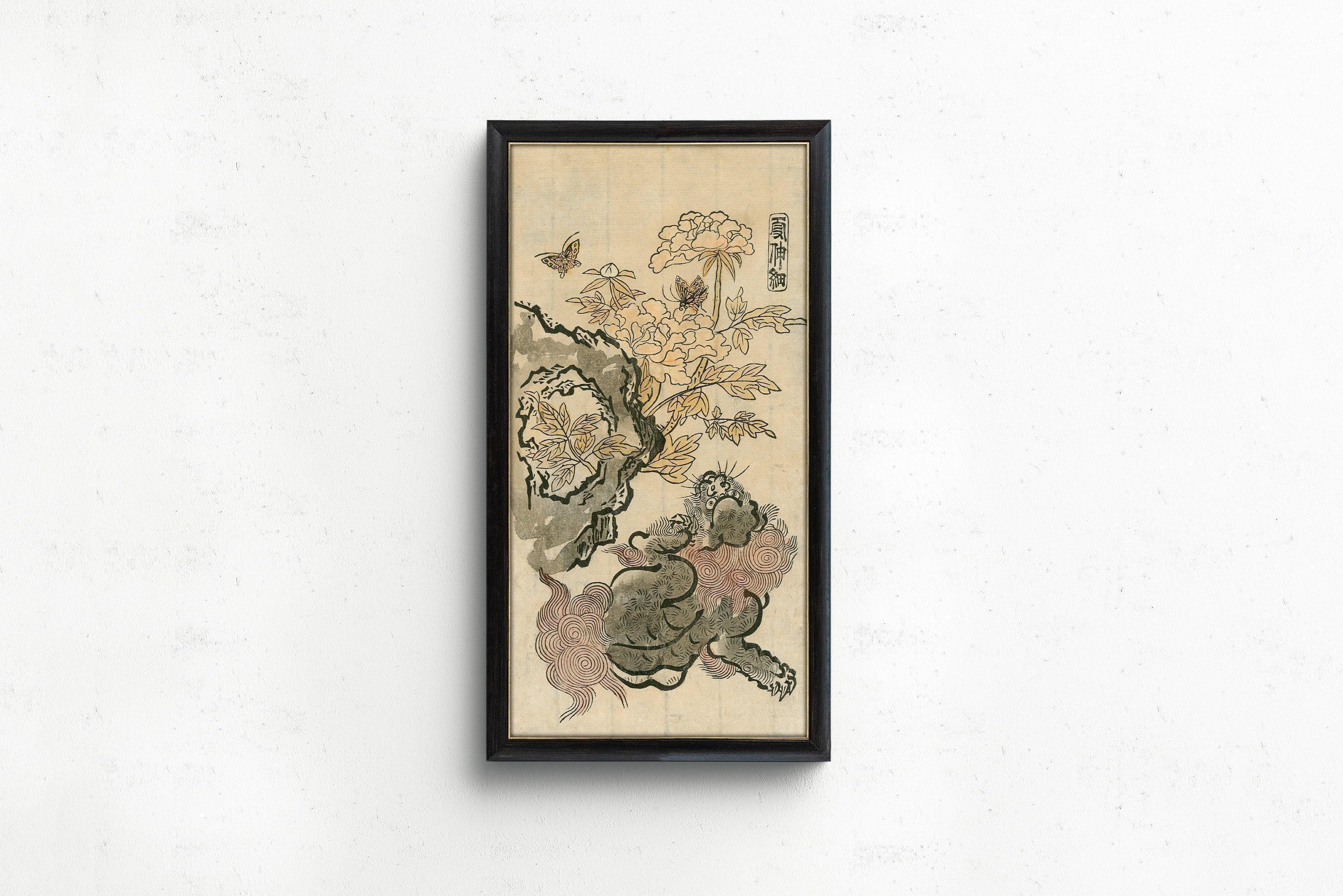 Chinese Lion & Peonies Giclee Print: Vintage Japanese Art