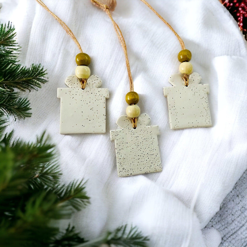Christmas Present Shaped Ornament Handmade from Clay & Nova Scotia Beach Sand