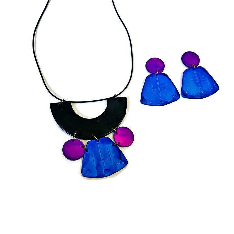 Chunky Art Deco Jewelry Set in Black, Blue Purple