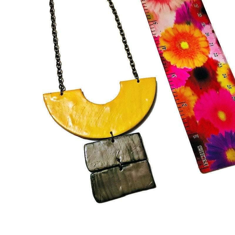 Yellow & Grey Chunky Statement Necklace & Earring Set Handmade