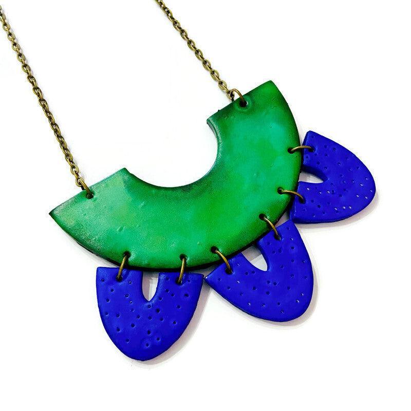 Green & Blue Clay Collar Statement Necklace, Handmade Polymer Clay
