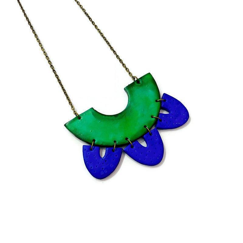 Green & Blue Clay Collar Statement Necklace, Handmade Polymer Clay