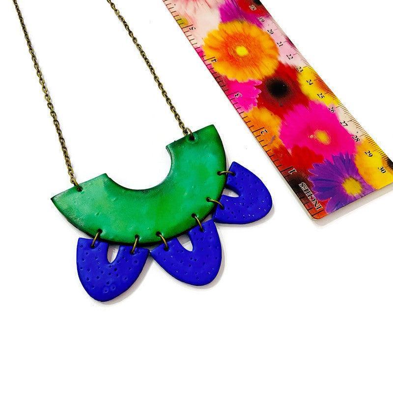 Green & Blue Clay Collar Statement Necklace, Handmade Polymer Clay